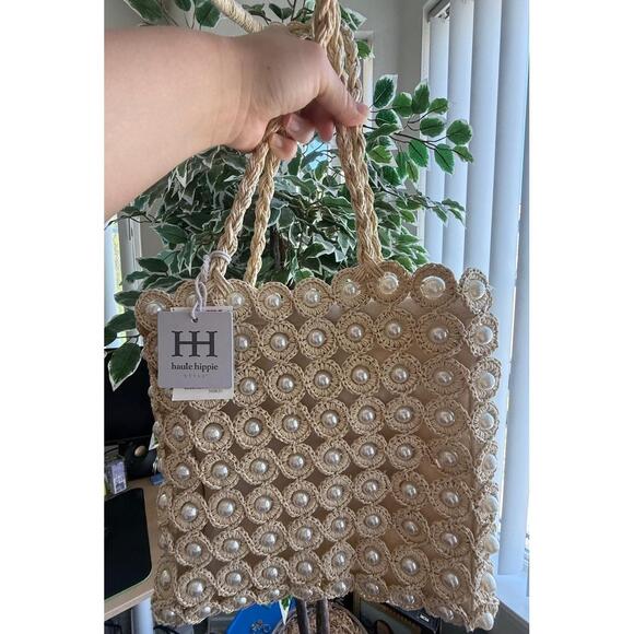 Haute Hippie Handbags - NWT Viral Haute Hippie Handwoven Raffia Crochet Pearl Bag